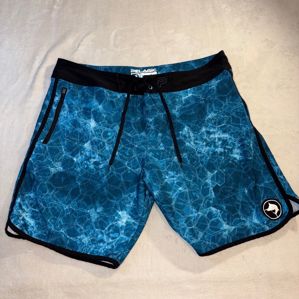 Pelagic Mens Blue Hex Pattern Board Shorts Fishing Swim Trunks Size 38